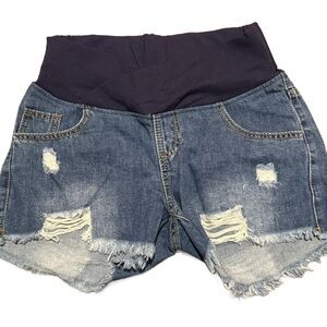 Maternity Blue Distressed Jean Shorts